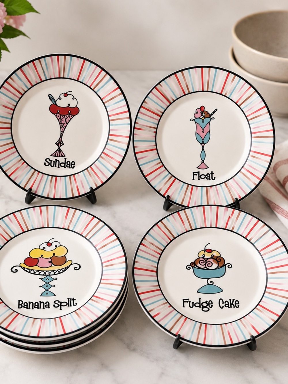 World Market Set of 4 Dessert Plates Sundae Float Banana Split Fudge Cake